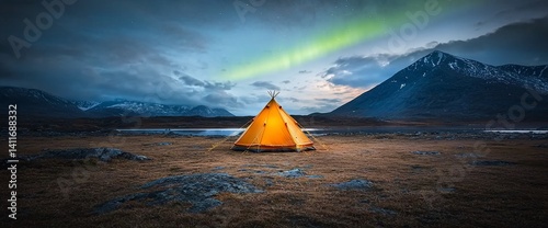 Orange Tent Under Aurora Borealis in Mountainous Landscape