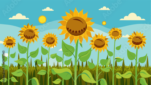 Like a cruel joke a field of stunted underdeveloped sunflowers droops forlornly in the summer sun unable to reach their full potential.. Vector illustration