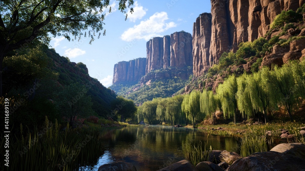 Fototapeta premium Serene canyon landscape, tranquil river reflecting mountains