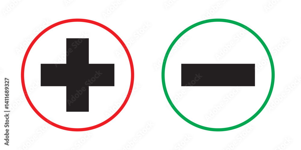 set of plus and minus symbols in circular and square shapes, positive and negative signs, vector black and white, red and green, blue and green, geometric symbols for math, web, and UI design elements set of plus and minus symbols in circular and square shapes, positive and negative signs, vector black and white, red and green, blue and green, geometric symbols for math, web, and UI design elements