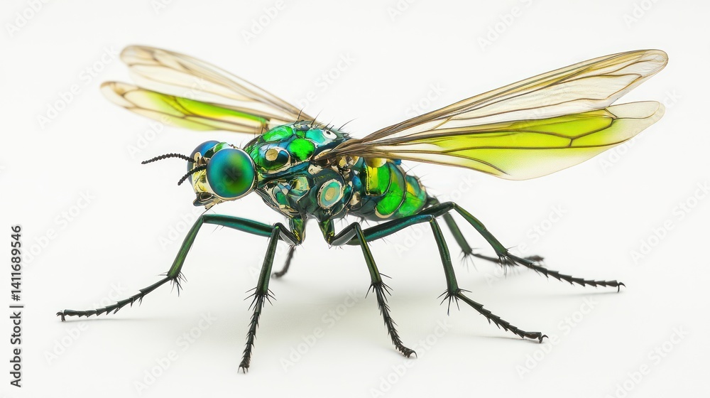 Obraz premium An insect with metallic green body is seen on white background