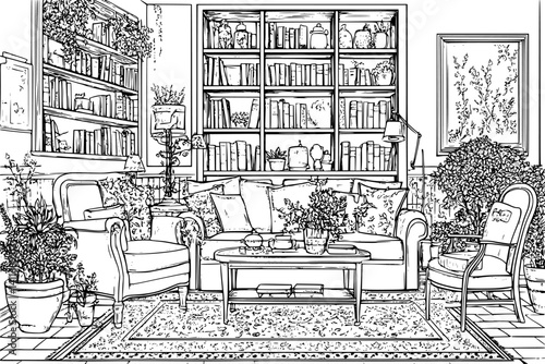 Boarding house coloring book interior, Boarding house vector graphic