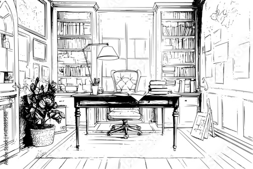 Interior design of Call center, coloring book Call center vector graphic