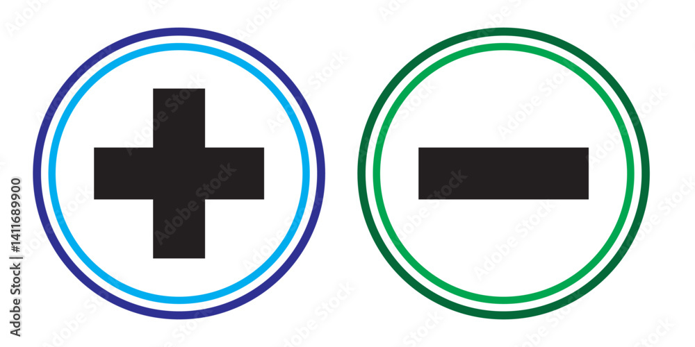 set of plus and minus symbols in circular and square shapes, positive and negative signs, vector black and white, red and green, blue and green, geometric symbols for math, web, and UI design elements set of plus and minus symbols in circular and square shapes, positive and negative signs, vector black and white, red and green, blue and green, geometric symbols for math, web, and UI design elements