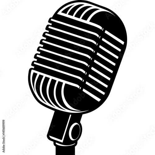 Vector silhouette of a vintage microphone with a ribbed body and wide head, clean sharp lines 