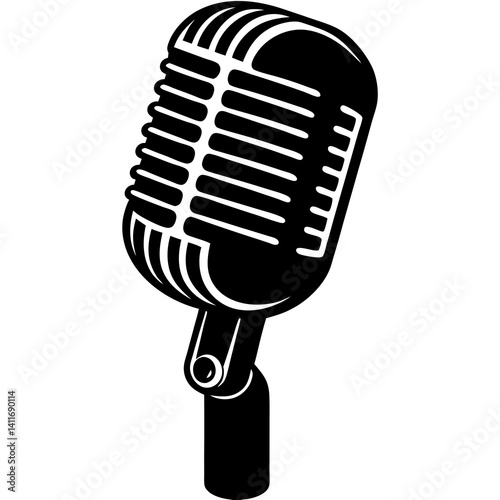 Vector silhouette of a vintage microphone with a ribbed body and wide head, clean sharp lines 
