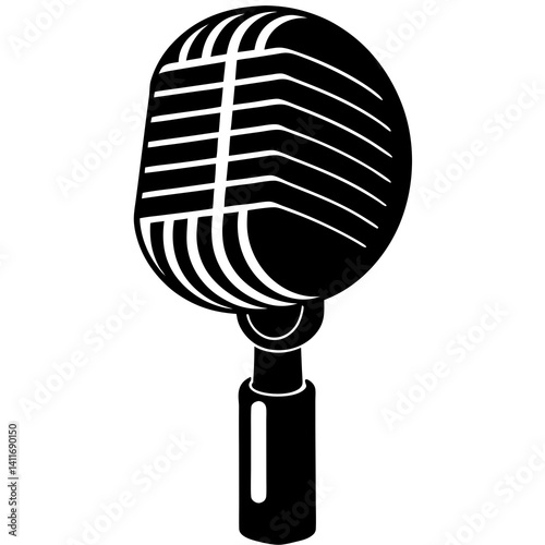 Vector silhouette of a vintage microphone with a ribbed body and wide head, clean sharp lines 
