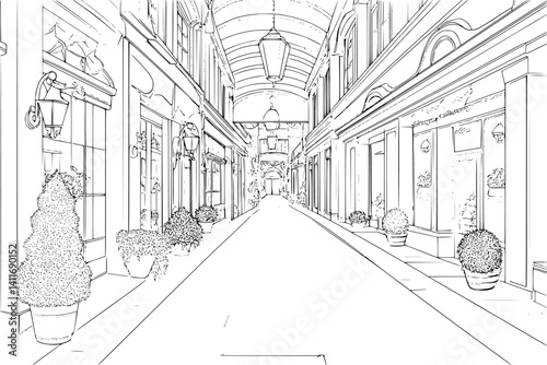 Interior design of Shopping arcade, coloring book Shopping arcade vector graphic