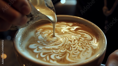 A skilled barista pours cream into coffee, crafting beautiful latte art with swirling patterns. Perfect for coffee lovers and aspiring baristas.