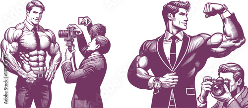 purple color Engraving Design Featuring Muscular Man in a Suit Wearing a Watch Posing for a Photo with Cameraman – Stylish Male Portraits for Wood, Metal, Engraving Art Projects