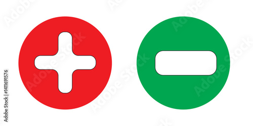 set of plus and minus symbols in circular and square shapes, positive and negative signs, vector black and white, red and green, blue and green, geometric symbols for math, web, and UI design elements