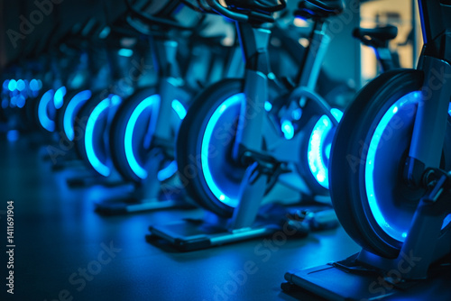 Indoor cycling studio blue light fitness bikes workout exercise spin class