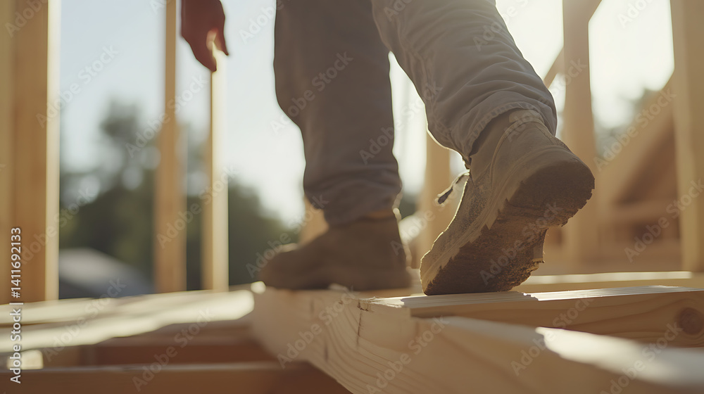 Fototapeta premium Carpenter building a wooden frame for a house. Featuring craftsmanship and focus