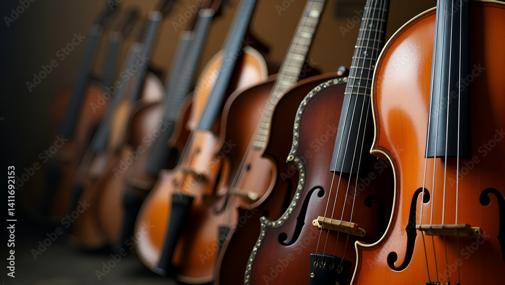 Fototapeta premium Develop an artistic song contest musical instruments visual that highlights iconic instruments refined craftsmanship and vibrant tonal details to celebrate musical heritage and performance quality. in