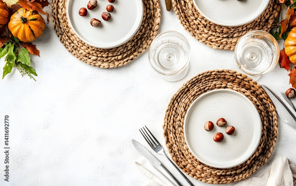 Autumn Table Setting with Pumpkins Hazelnuts Plates Autumn Table Setting with Pumpkins Hazelnuts Plates