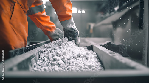 Laborer unloading lithium ore from a mining truck for processing. Featuring unloading operations