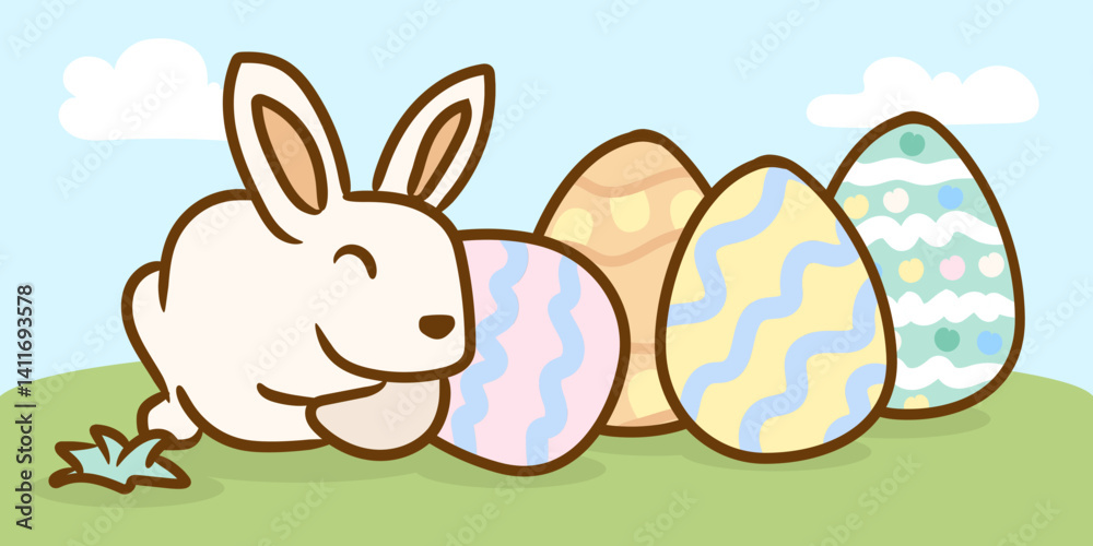 Obraz premium Colorful Easter Eggs in Grass with Cartoon Rabbit