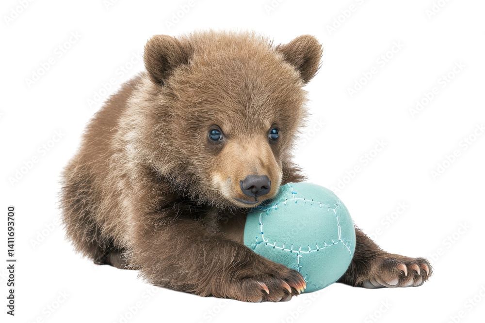 Fototapeta premium A playful bear cub enjoys a soft teal ball while lounging on a clean white backdrop, capturing the essence of innocence and curiosity isolated on transparent background