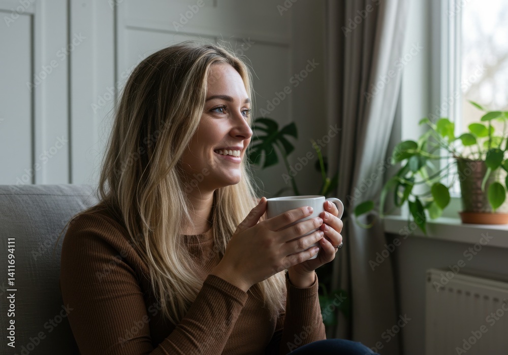 A blonde woman smiling holding a mug while sitting near a window with plants in the background A blonde woman smiling holding a mug while sitting near a window with plants in the background