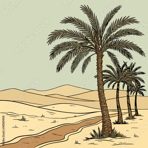 A row of palm tree with western desert