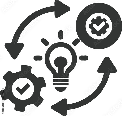 Icon With Idea Lightbulb, Gear Circle and Arrows Loop in Flat Gray Design Style
