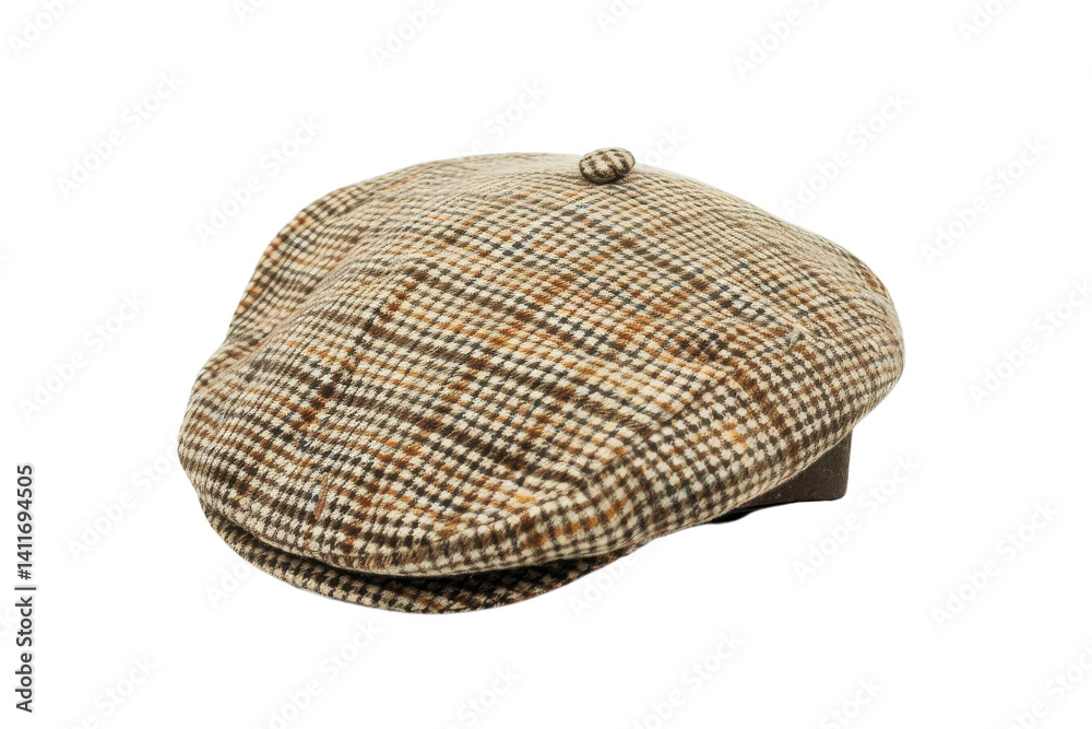 Fototapeta premium A vintage houndstooth cap rests elegantly on a white background, showcasing its intricate pattern and classic design that embody timeless style isolated on transparent background