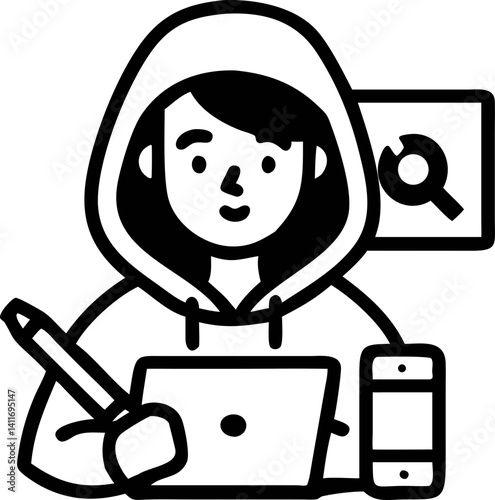 person wearing hoodie is working on laptop, holding pen, with smartphone nearby, symbolizing technology and multitasking. image is in simple, monochrome style