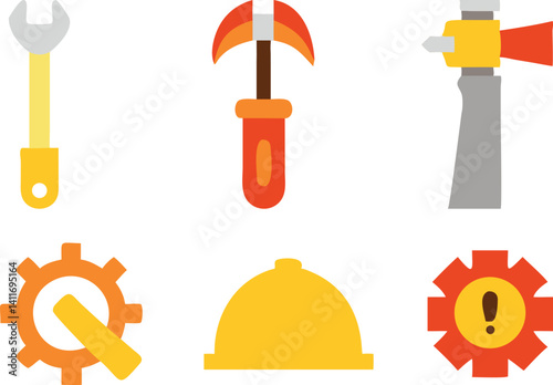 Tools and equipment icon set representing various construction and maintenance activities