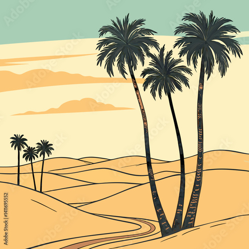 A row of palm tree with western desert
