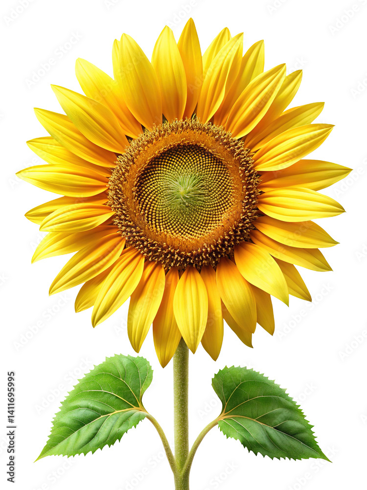 Obraz premium Vibrant Sunflower Head with Yellow Petals and Green Leaves on Trensprent Background png