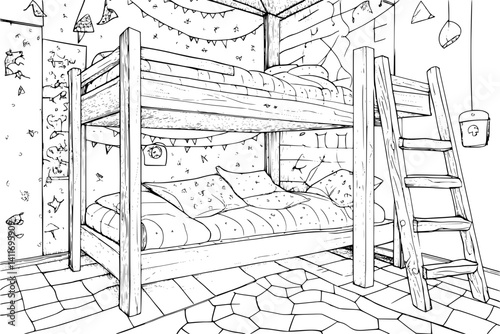 Hostel coloring book interior, Hostel illustration art