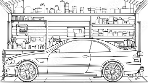 Garage coloring book interior, Garage illustration art