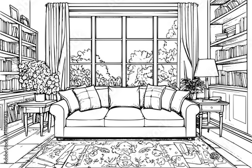 Mixed use building coloring book interior, Mixed use building illustration art
