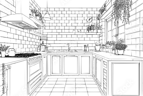 Interior design of Modular building, coloring book Modular building illustration art