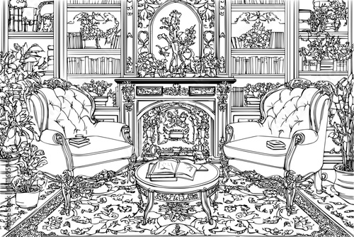 Interior design of Library, coloring book Library illustration art