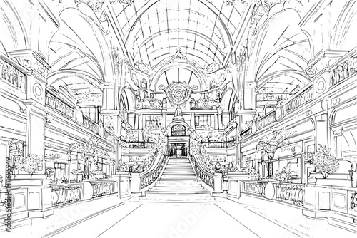 Monumental building coloring book interior, Monumental building illustration art