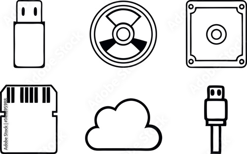 Various digital storage devices and symbols illustrating data management and technology concepts