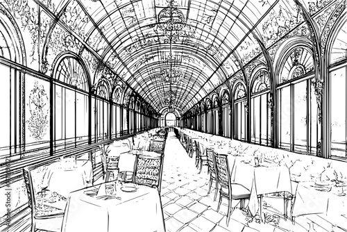Restaurant coloring book interior, Restaurant illustration art