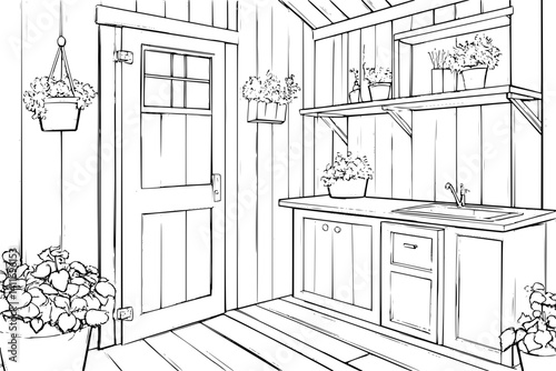 Interior design of Shed, coloring book Shed illustration art