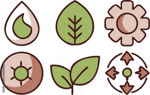 Collection of eco-friendly symbols representing sustainability and nature conservation practices