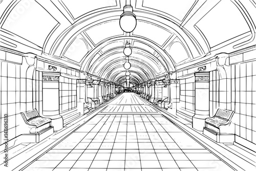 Subway station coloring book interior, Subway station illustration art