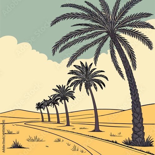 A row of palm tree with western desert