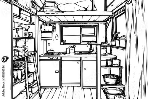 Tiny house coloring book interior, Tiny house illustration art