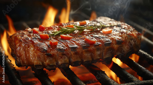 meat on the barbecue - Flaming Bbq Ribs On Grill 
