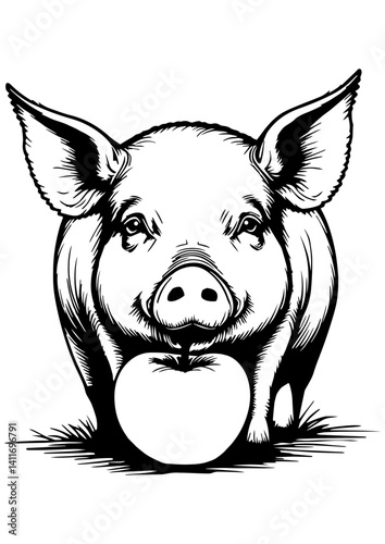 Black and white vector illustration of a pig with apple. Ideal for engraving, prints, logos, books, and creative farm-themed design projects.