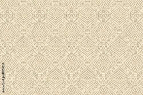 Geometric light background, tribal cover design, banner for design. Ethnic artistic 3D pattern, art deco. Relief ornaments, arabesques, mandala. Motives of the East, Asia, India, Mexico, Aztec, Peru.