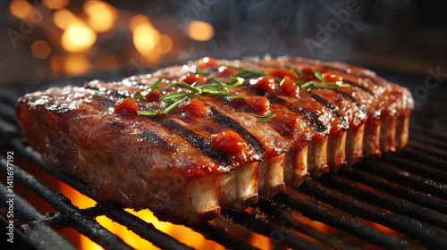  Flaming Bbq Ribs On Grill - Hot Smoky Background