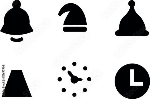 Variety of bell and hat icons with clock in simple black and white design