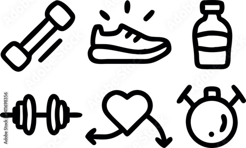 Fitness icons represent workout motivation and healthy lifestyle choices for daily routines