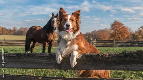 A happy dog resting on a wooden fence with a horse nearby